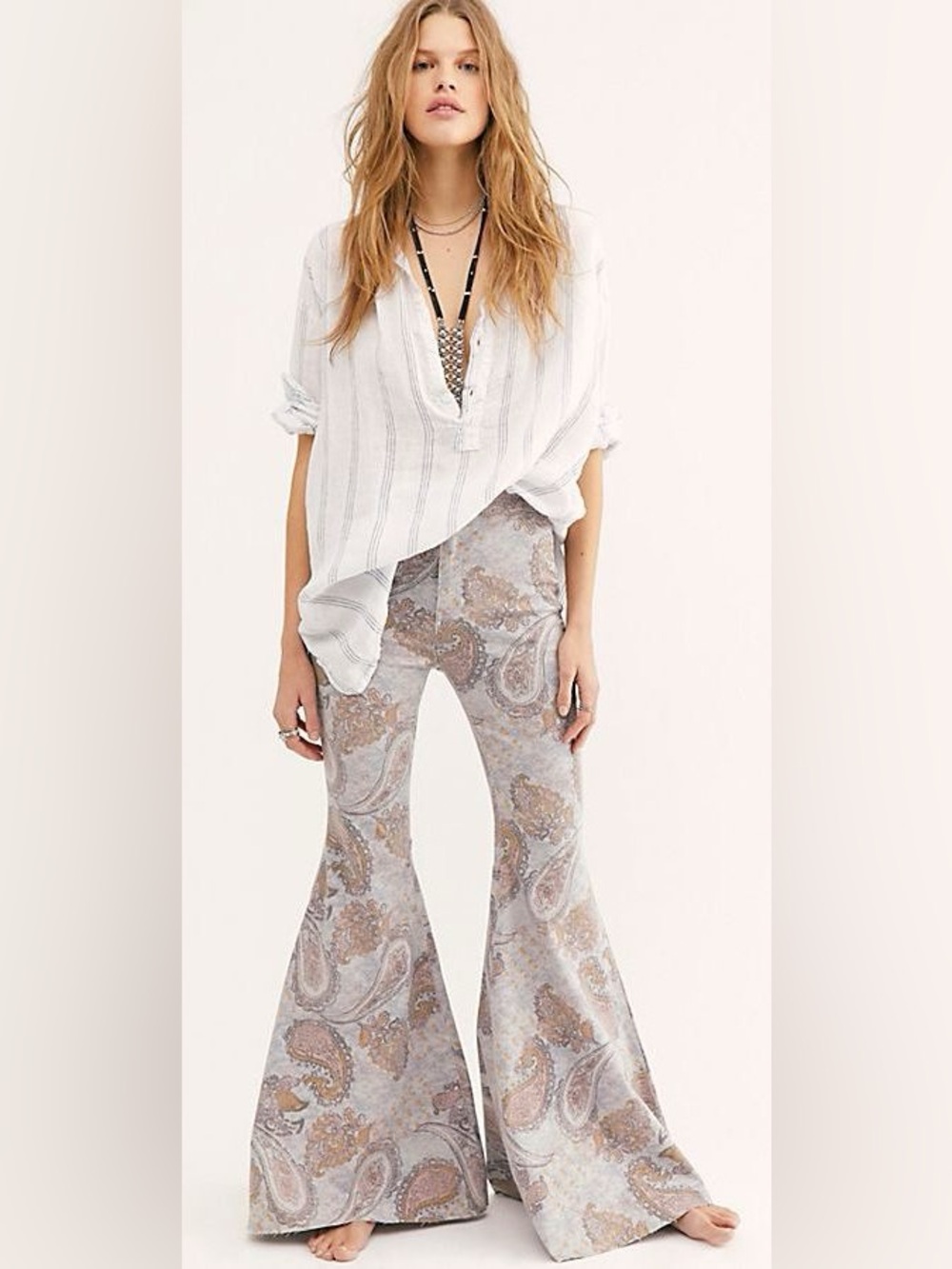 Free People We The Free Just Float On Flare Jeans Limestone Paisley Size 26